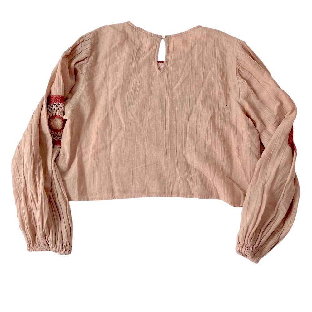 Zara Boho Bohemian Crochet Detail Top Tan Beige linen blend L - Picture 7 of 14